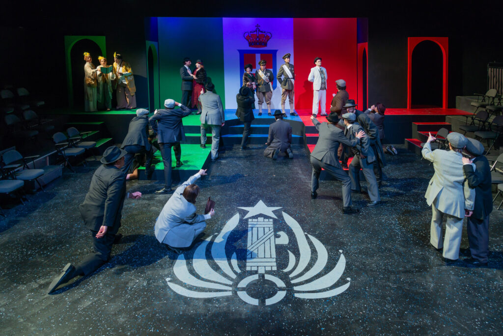 Wide shot of actors on stage for Julius Caesar